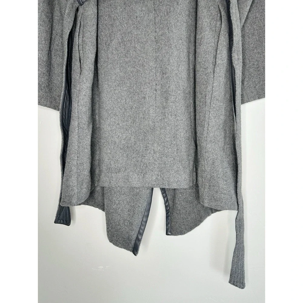 Nanette Lepore Gray Wool Blend Faux Leather Trim Wrap Coat Large Minimalist Chic